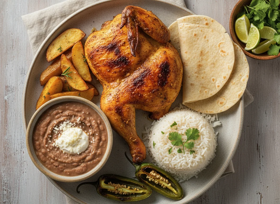 Pollo asado con arroz, frijoles y tortilla photo