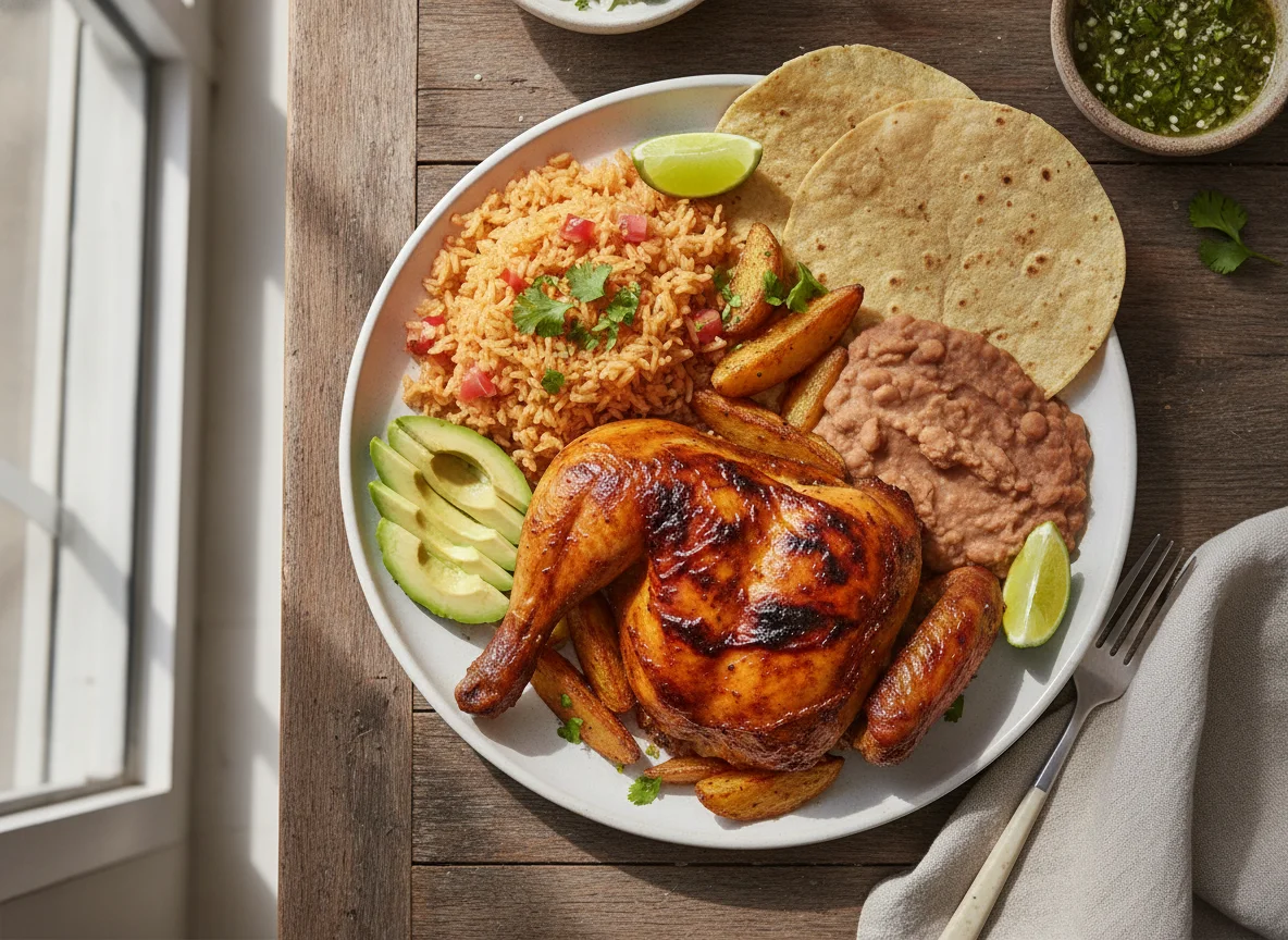Pollo asado con arroz, frijoles y tortillas photo