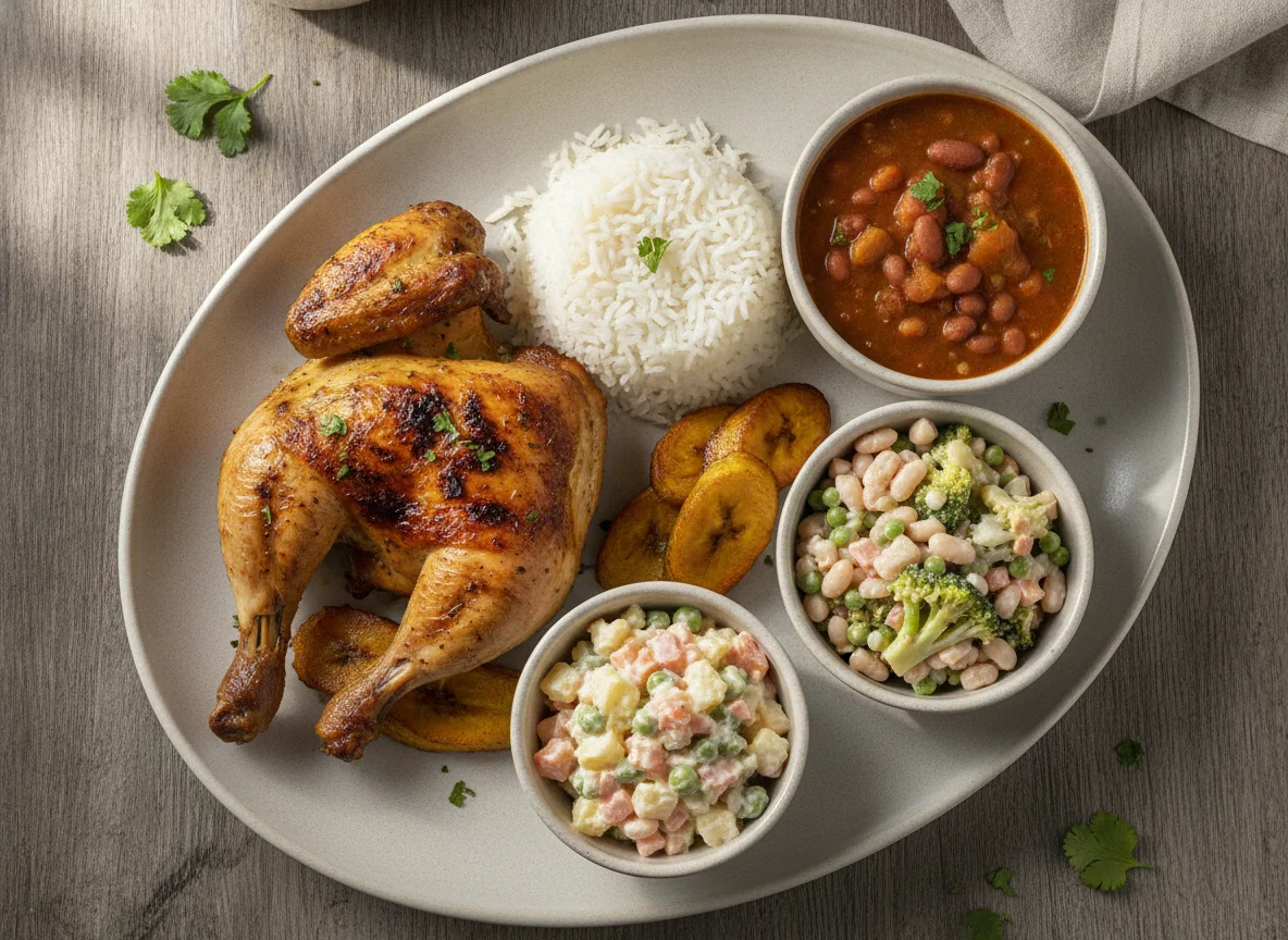 Pollo asado con arroz, menestra de fréjol y ensalada rusa photo
