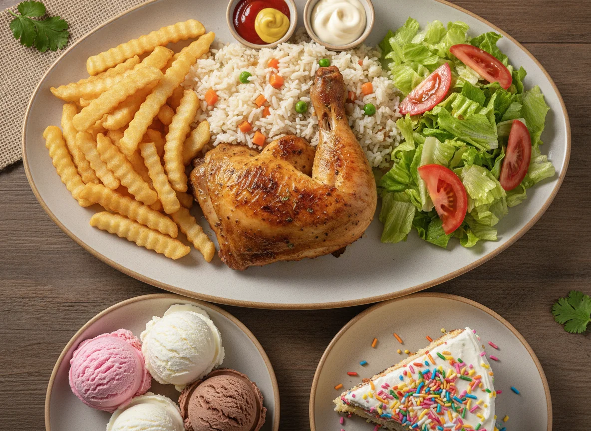 Pollo asado con arroz, papas fritas y ensalada photo