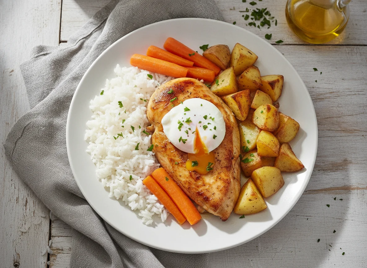 Pollo asado con arroz, patatas y huevo escalfado photo