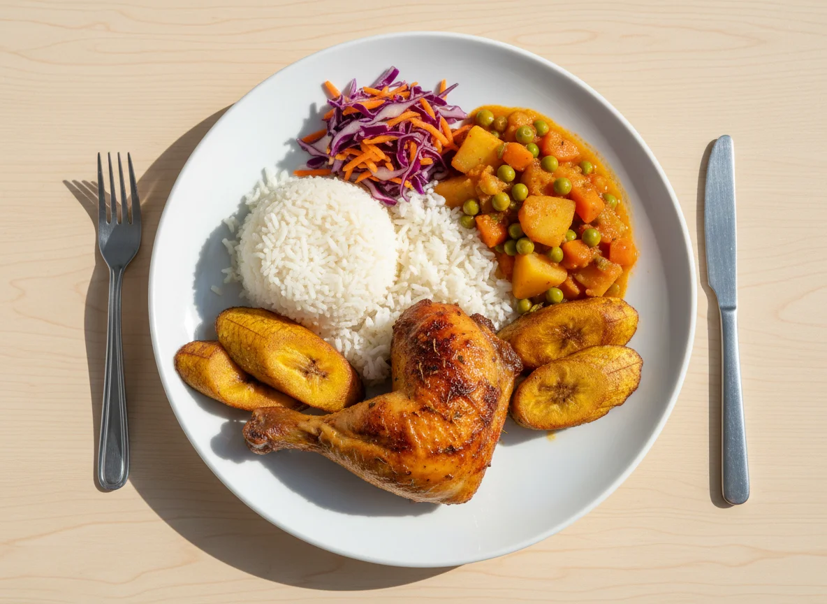Pollo asado con arroz, plátano maduro y guiso de verduras photo