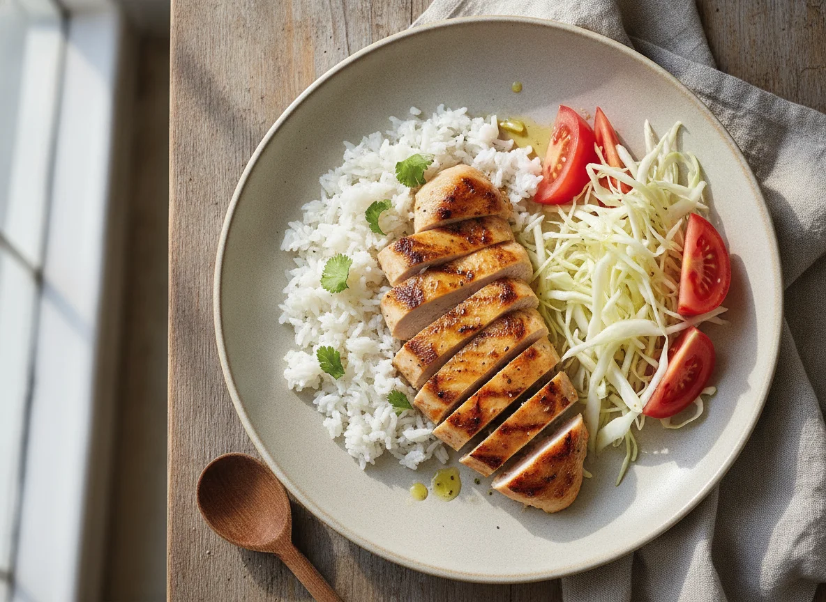 Pollo asado con arroz, repollo y tomate photo