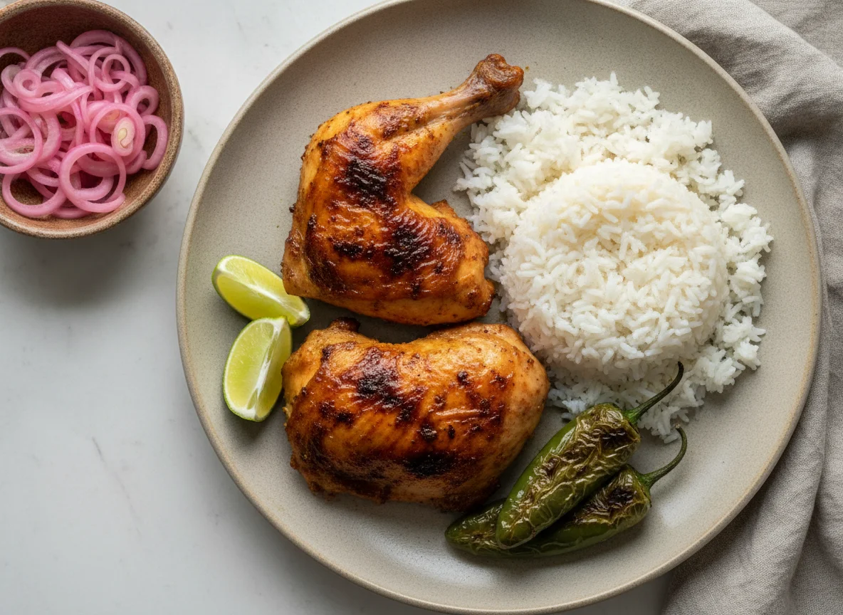 Pollo asado con arroz y complementos photo