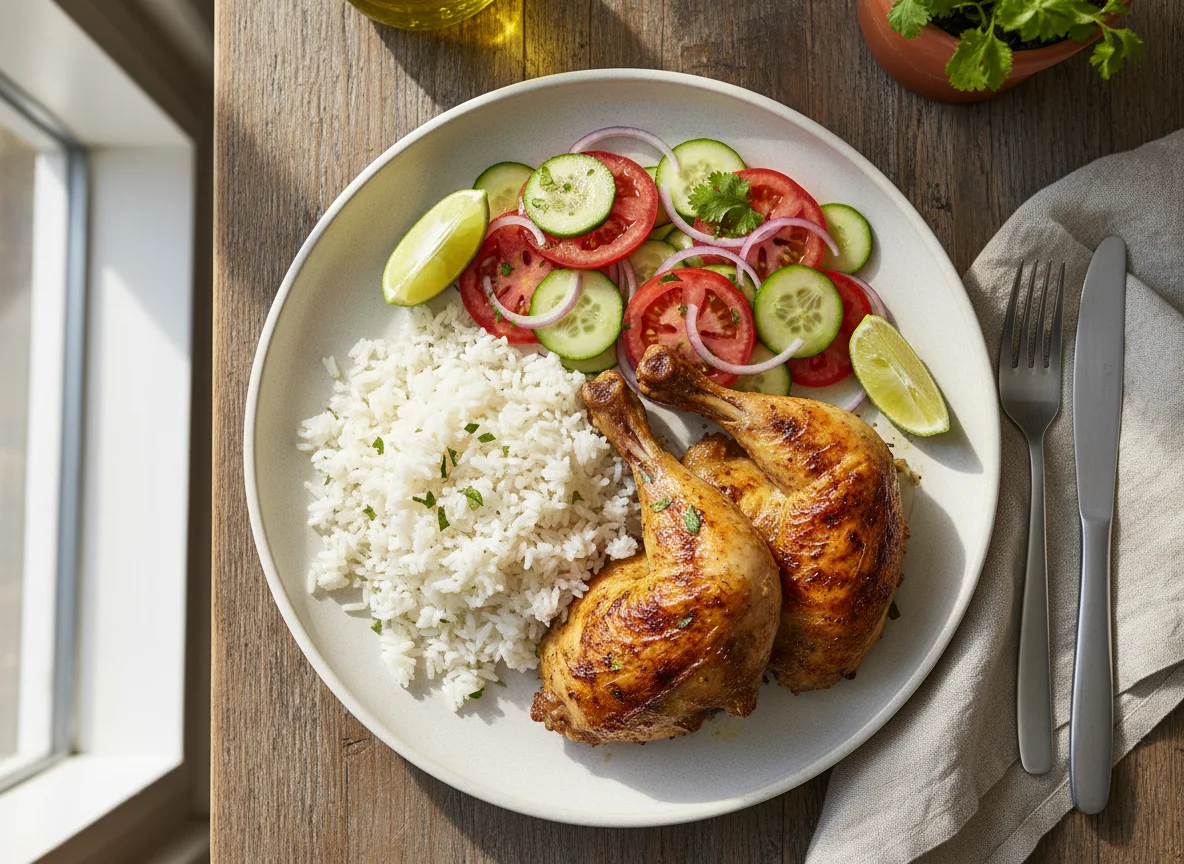 Pollo asado con arroz y ensalada photo