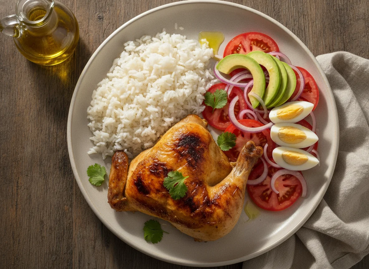 Pollo asado con arroz y ensalada chilena con palta y huevo photo