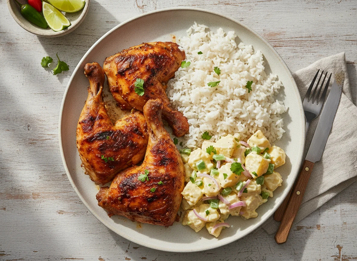 Pollo asado con arroz y ensalada de papas con mayo photo