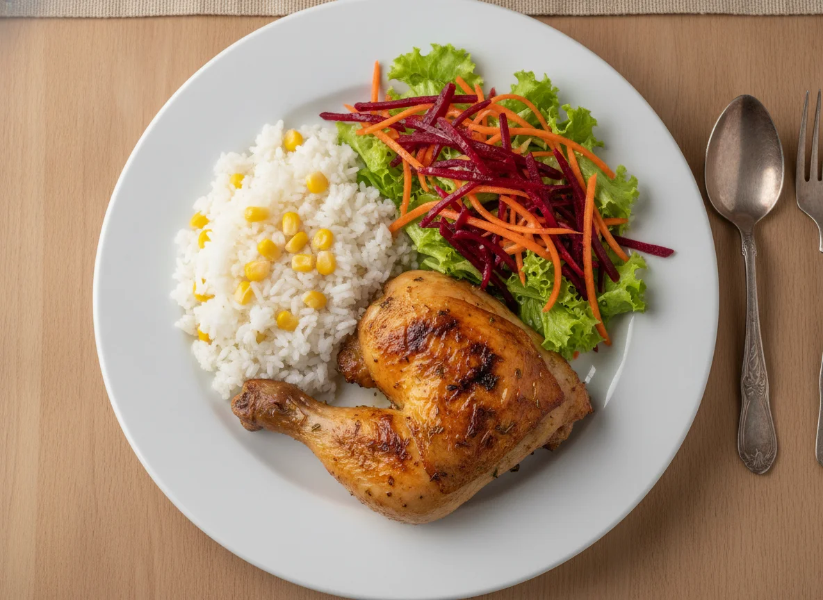Pollo asado con arroz y ensalada mixta photo