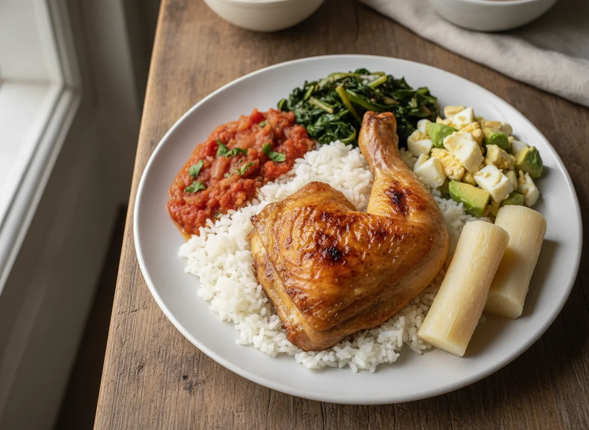 Pollo asado con arroz y guarniciones photo