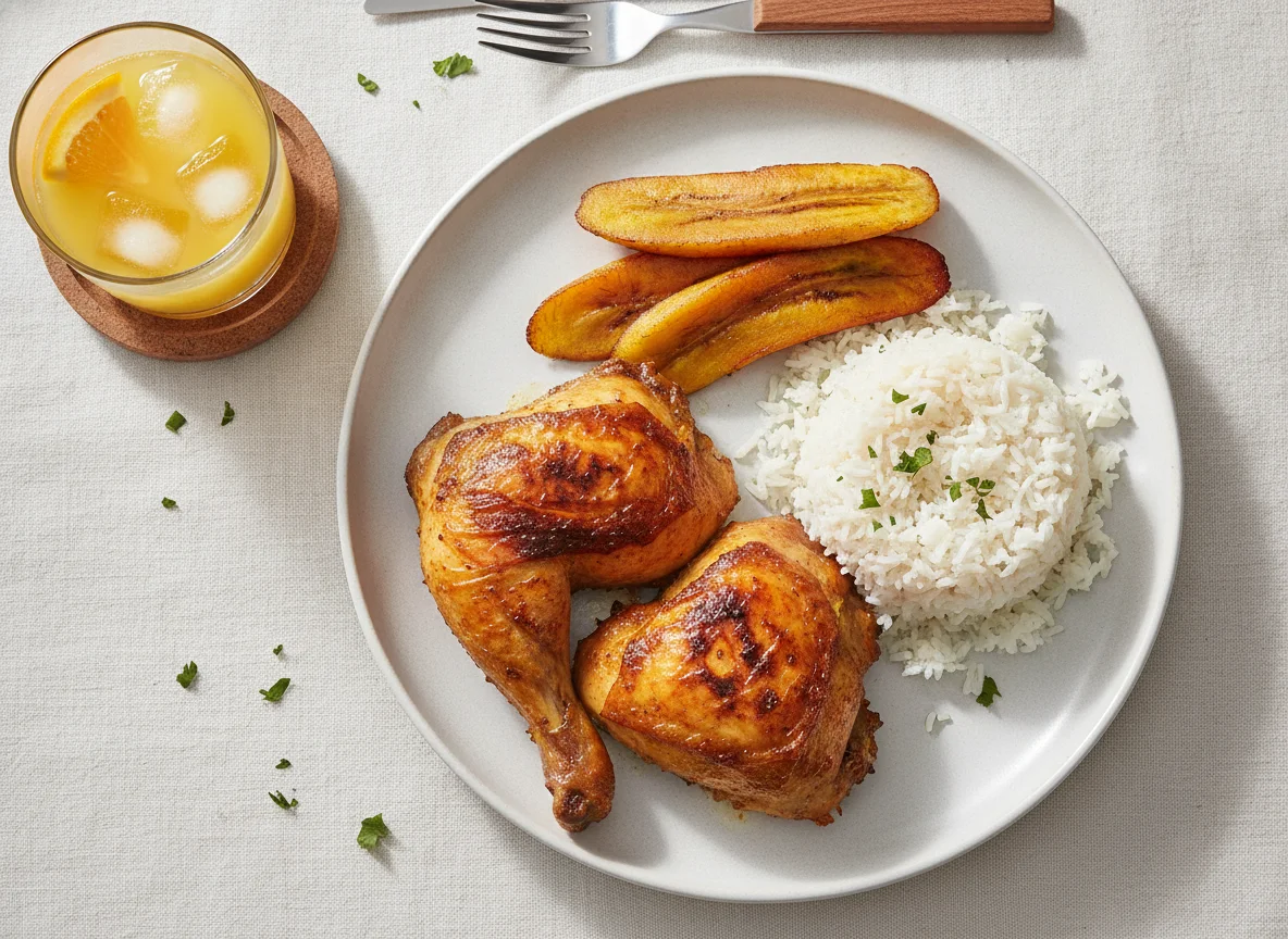 Pollo asado con arroz y jugo photo