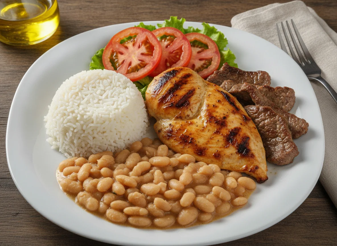 Pollo asado con arroz y menestra de fréjol photo