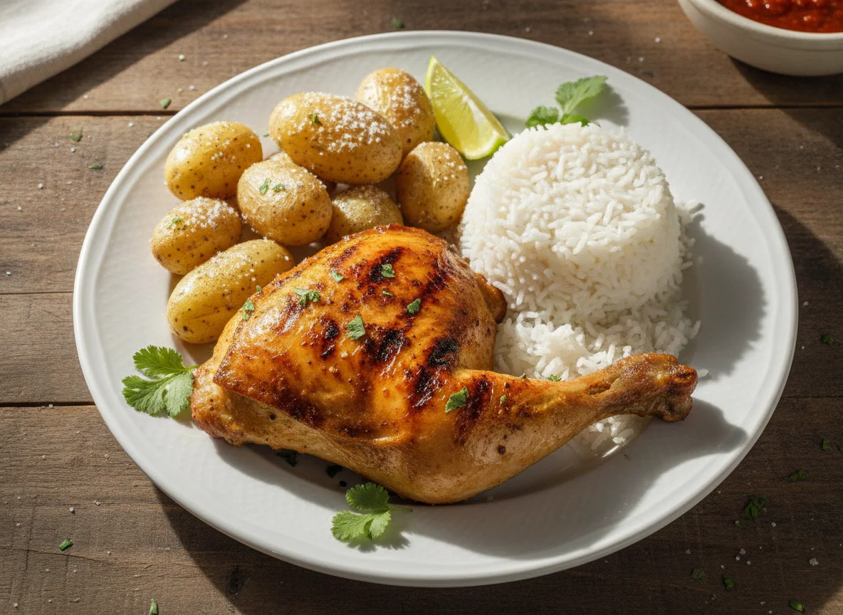Pollo asado con arroz y papa salada photo