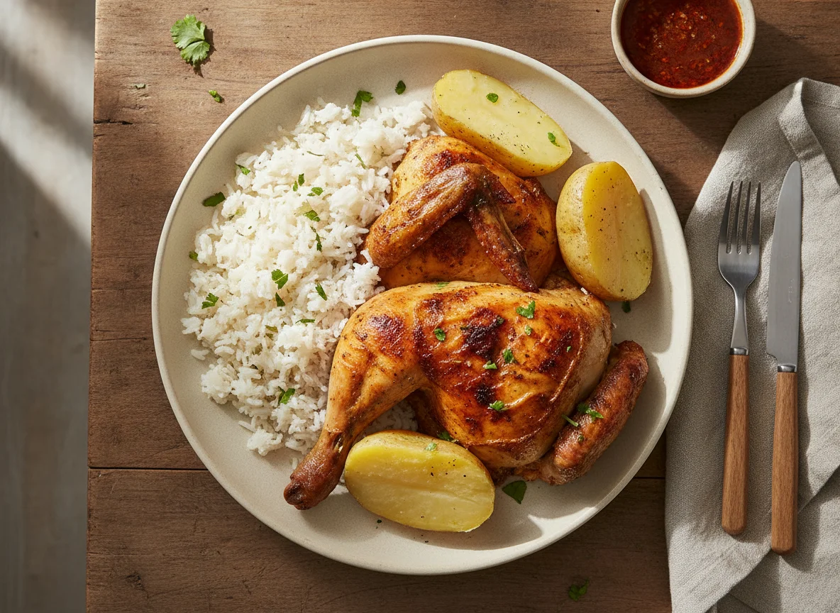 Pollo asado con arroz y papa photo