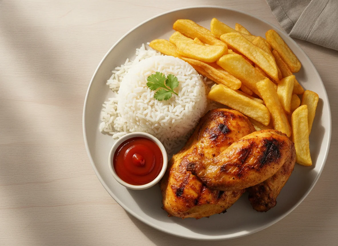 Pollo asado con arroz y papas fritas photo