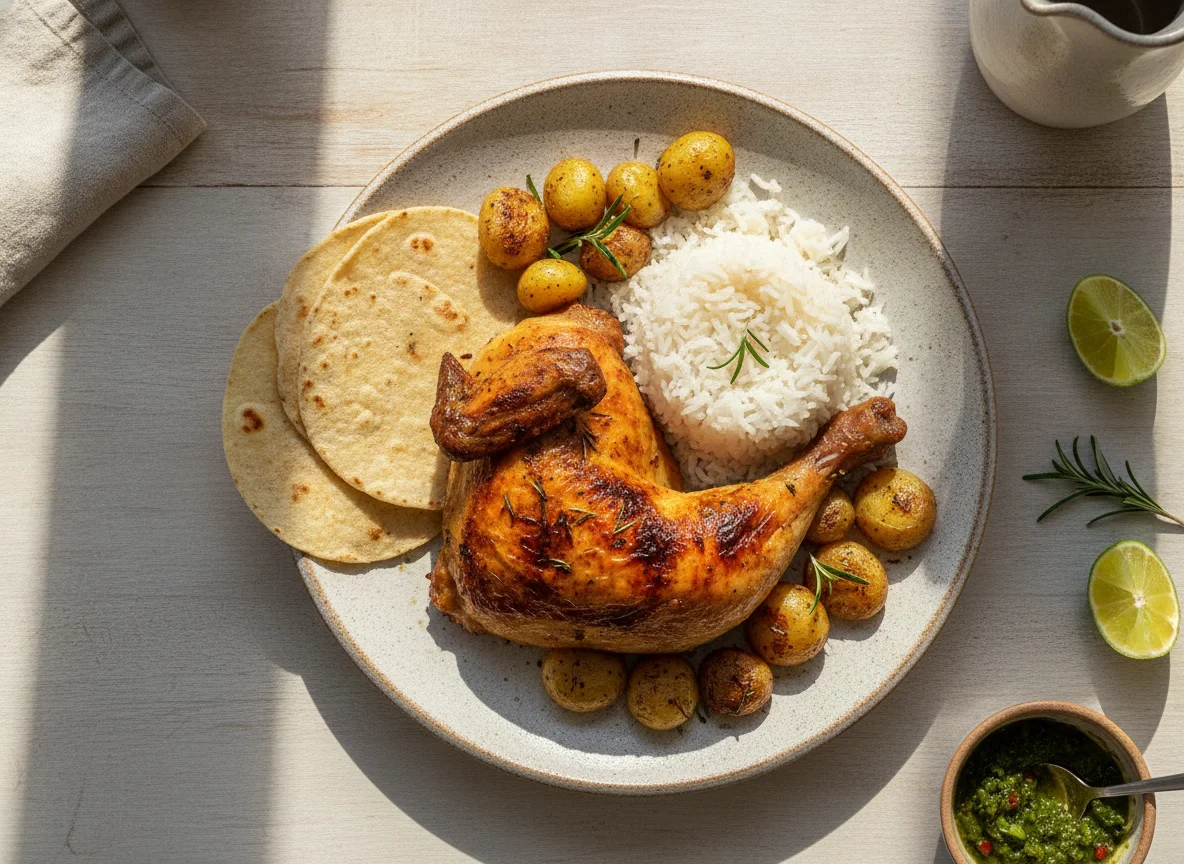 Pollo asado con arroz y papas photo