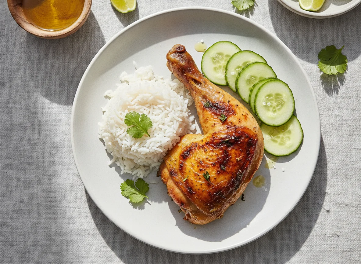 Pollo asado con arroz y pepino photo