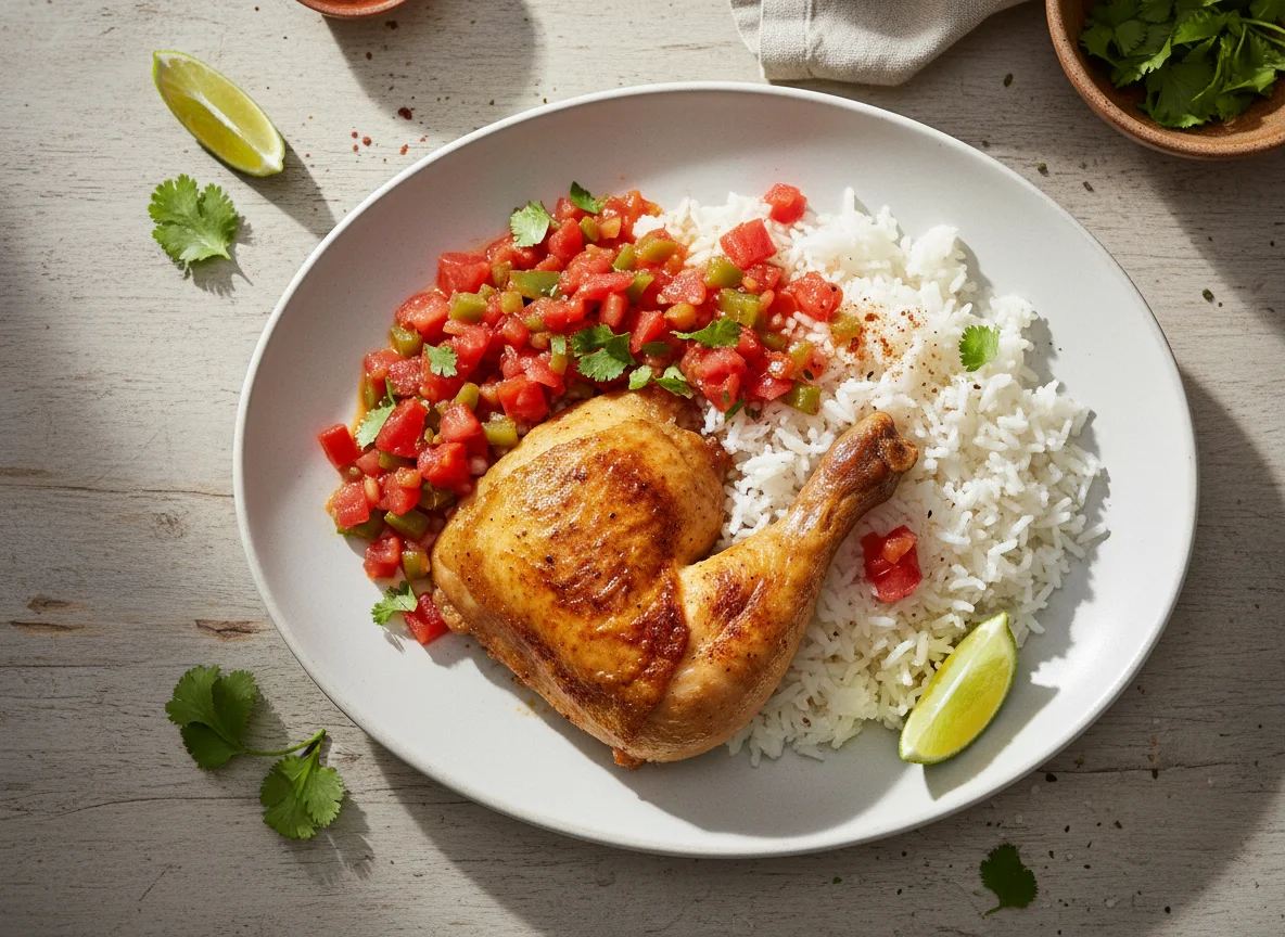 Pollo asado con arroz y salsa de tomate photo