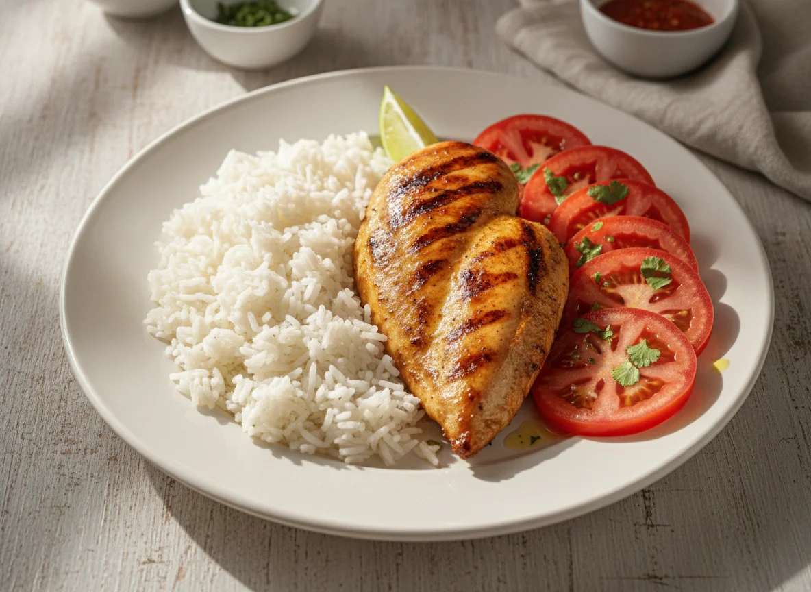 Pollo asado con arroz y tomate photo
