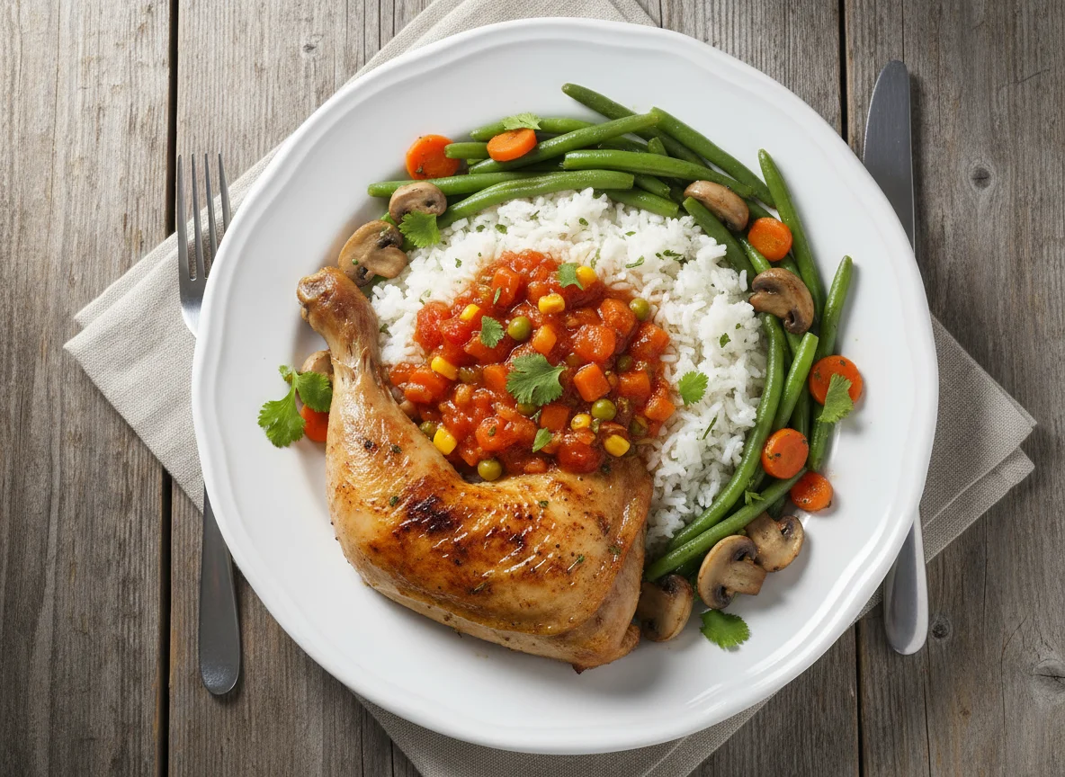 Pollo asado con arroz y verduras photo