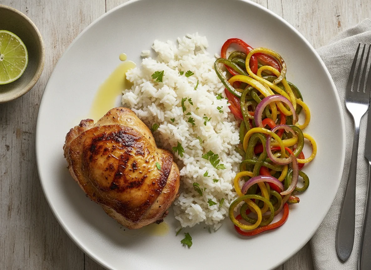 Pollo asado con arroz y verduras salteadas photo