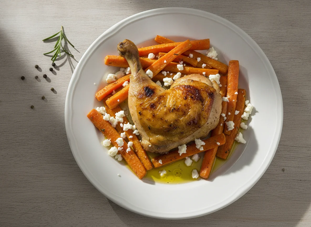 Pollo asado con bastoncitos de zanahoria y queso feta photo