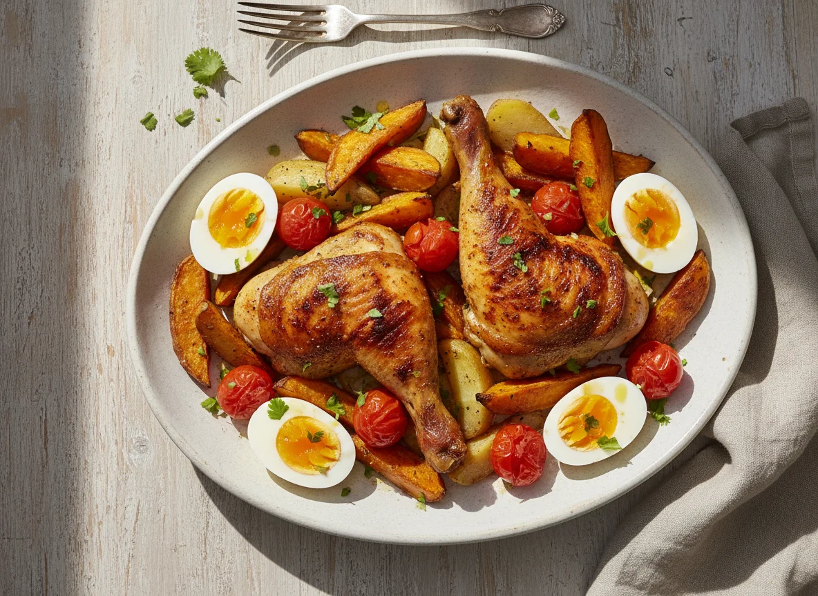 Pollo asado con batatas, papas, huevos duros y tomates cherry photo