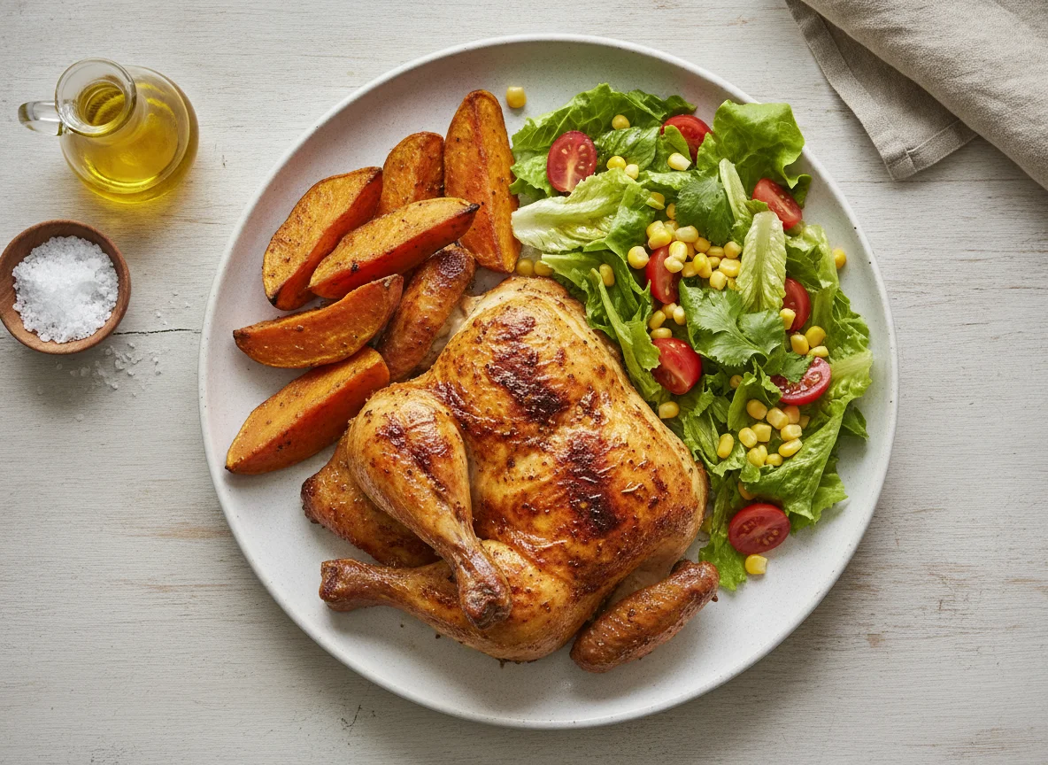 Pollo asado con batatas y ensalada photo