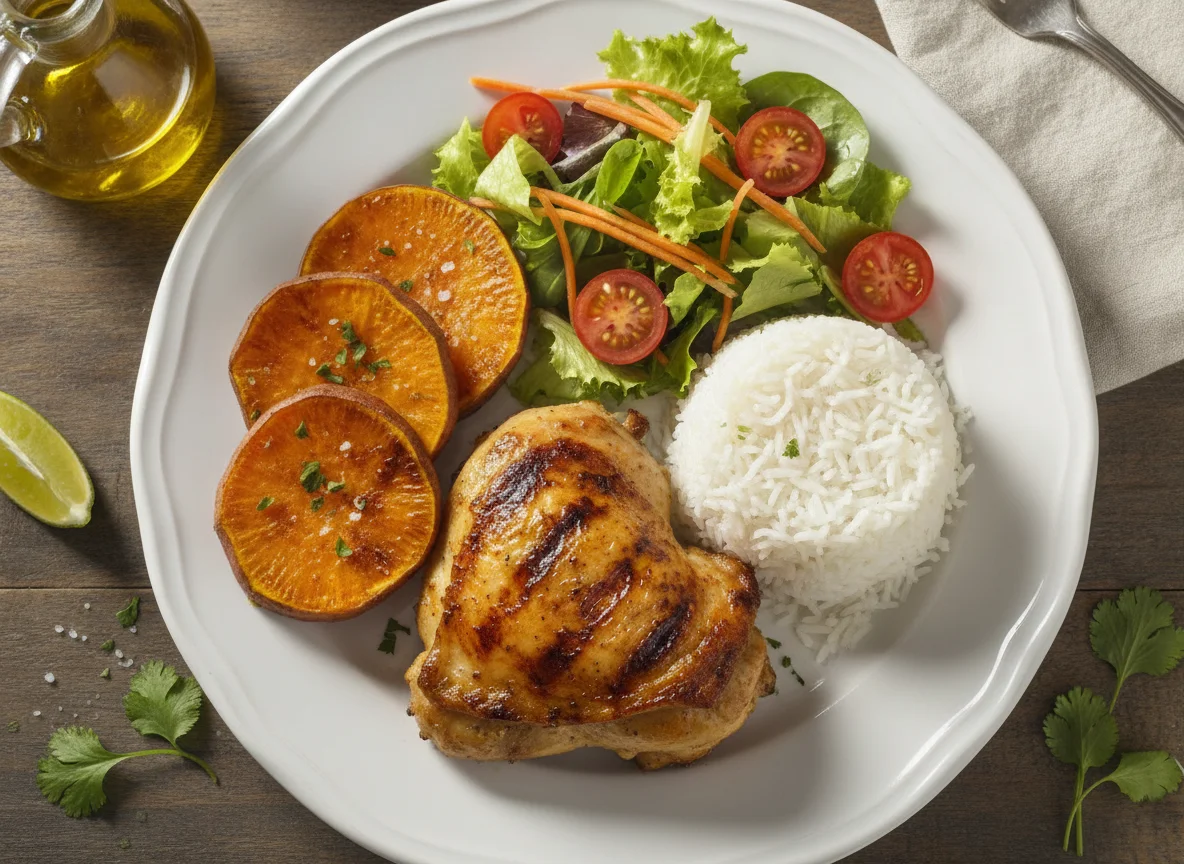 Pollo asado con boniato, arroz y ensalada photo
