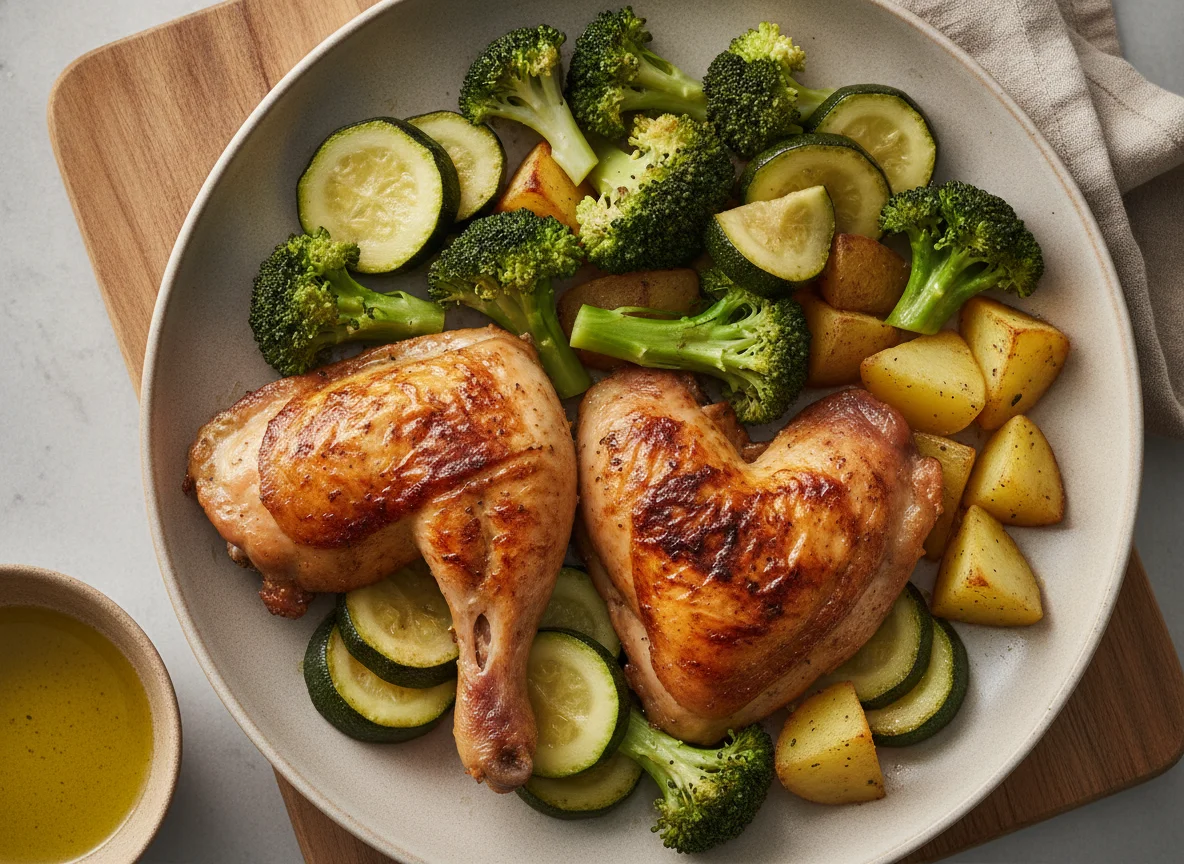 Pollo asado con brócoli, calabacita y papas photo