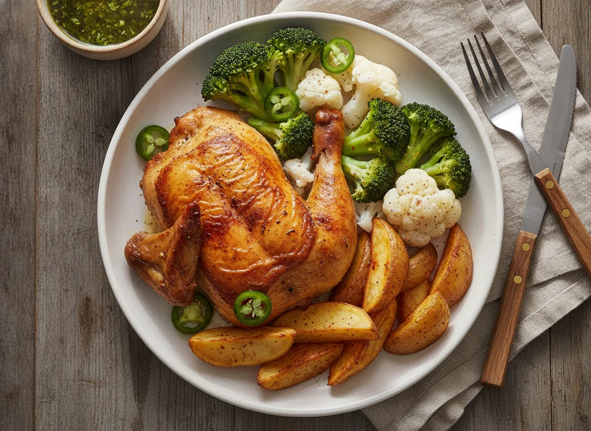 Pollo asado con brócoli, coliflor y papa photo