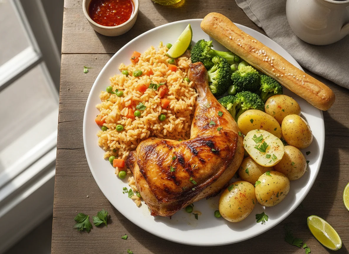 Pollo asado con brócoli, papas y arroz photo