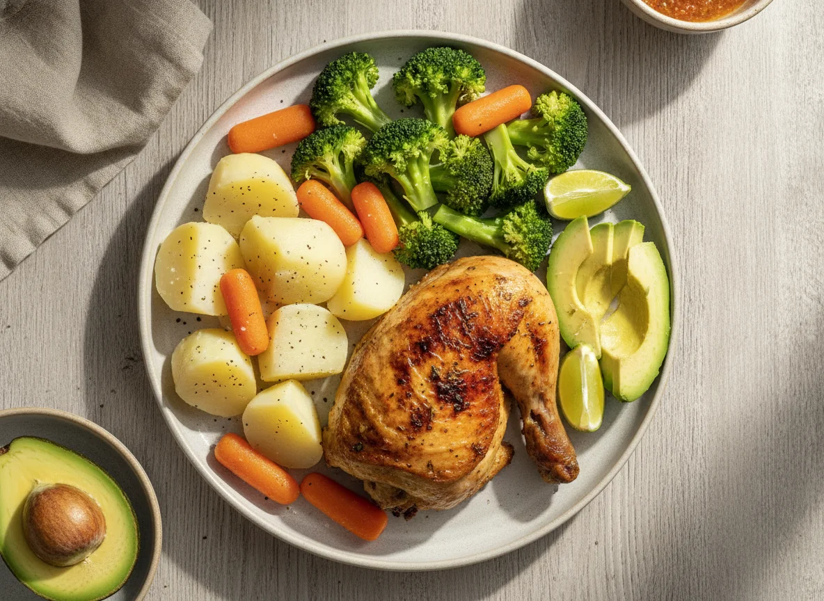 Pollo asado con brócoli, papas, zanahorias y aguacate photo