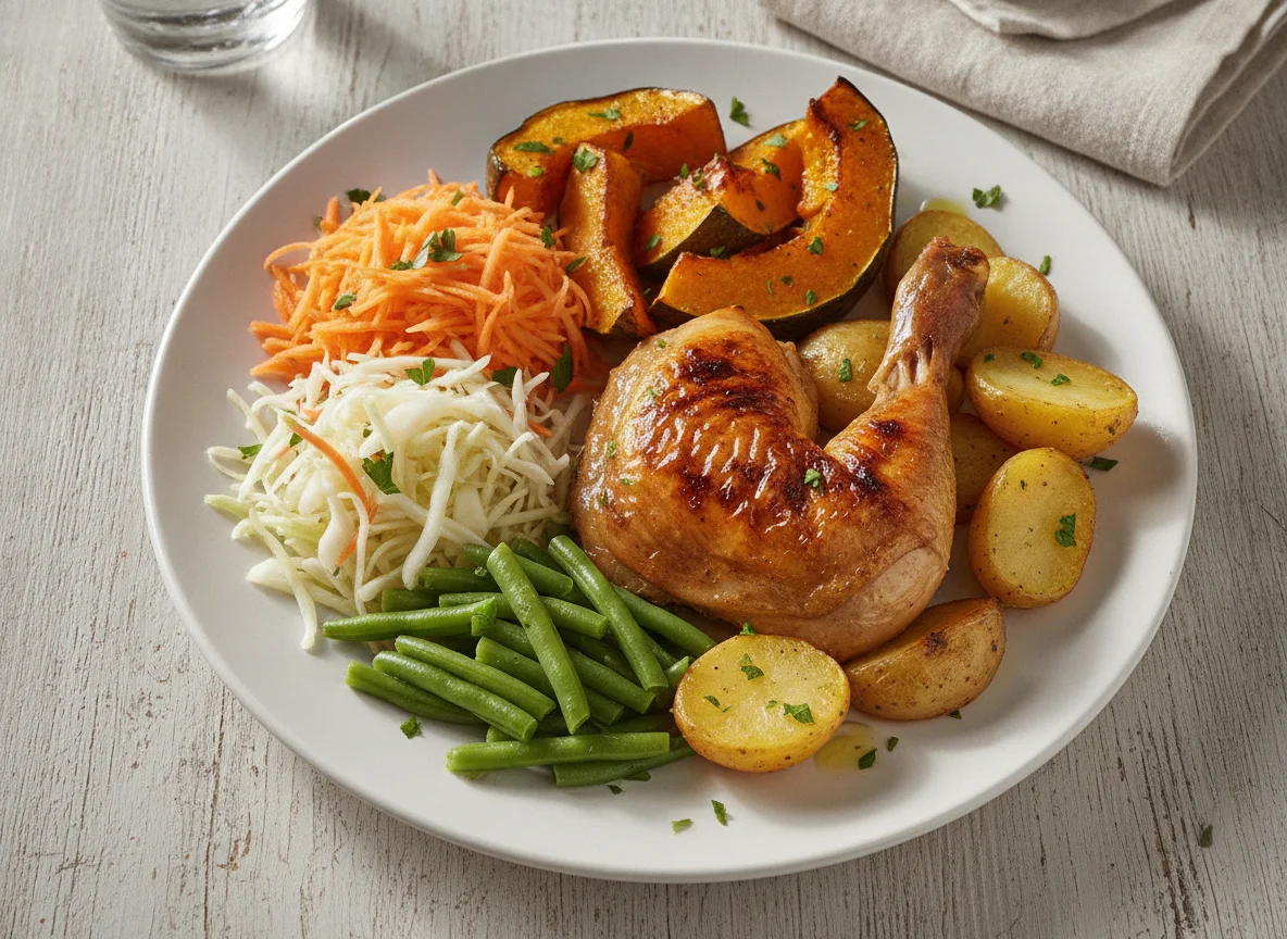 Pollo asado con calabaza y ensalada mixta photo