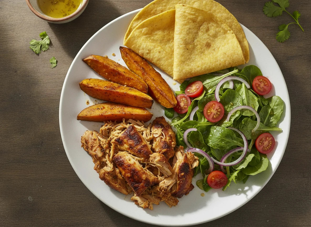 Pollo asado con camote, ensalada y tortilla photo