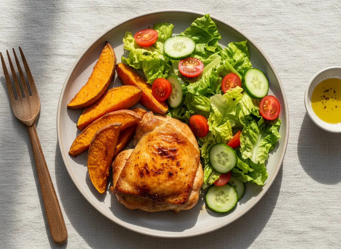 Pollo asado con camote y ensalada photo