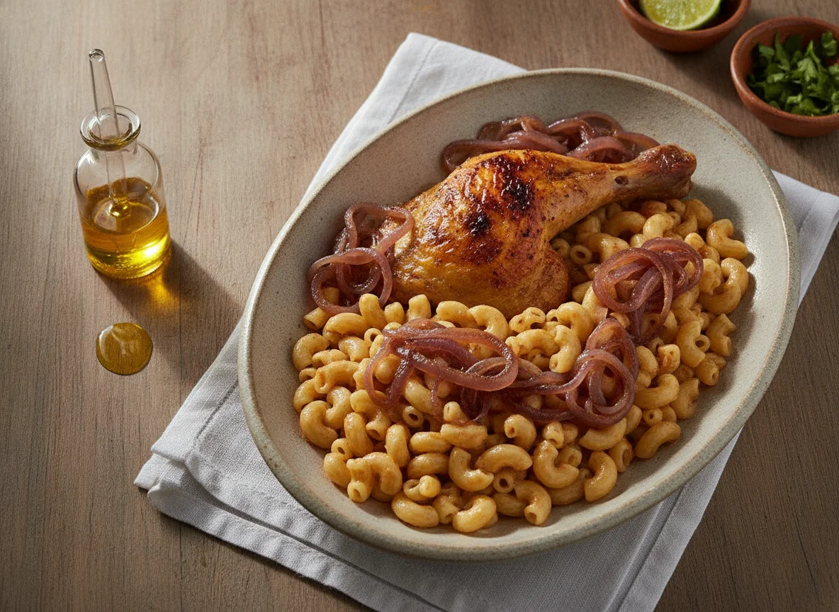 Pollo asado con cebolla caramelizada y fideos photo