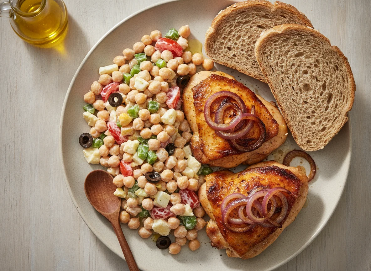 Pollo asado con cebolla, ensalada de garbanzos y pan integral photo