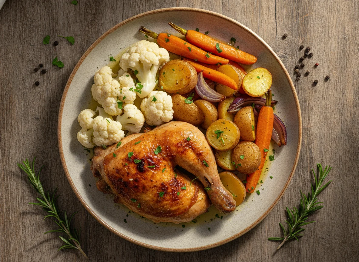 Pollo asado con coliflor, patatas y zanahorias photo