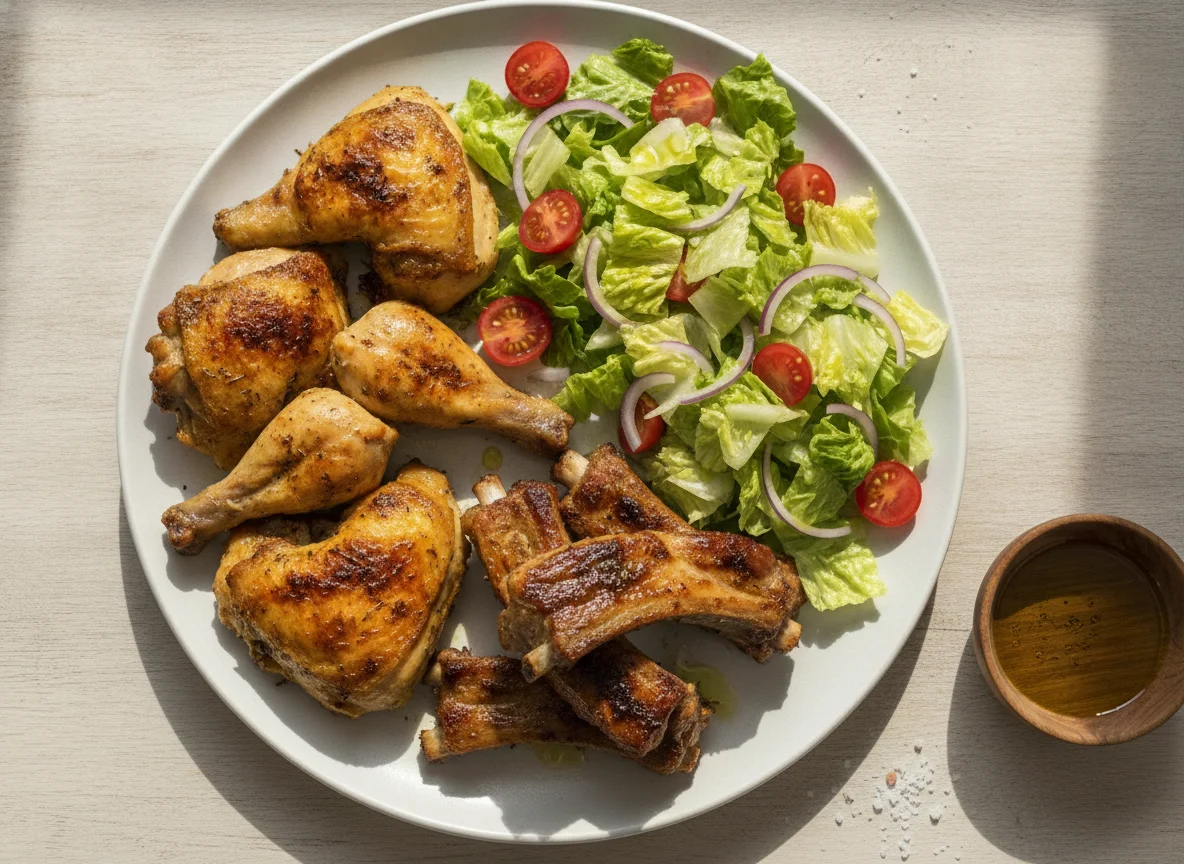 Pollo asado con costillas y ensalada mixta photo