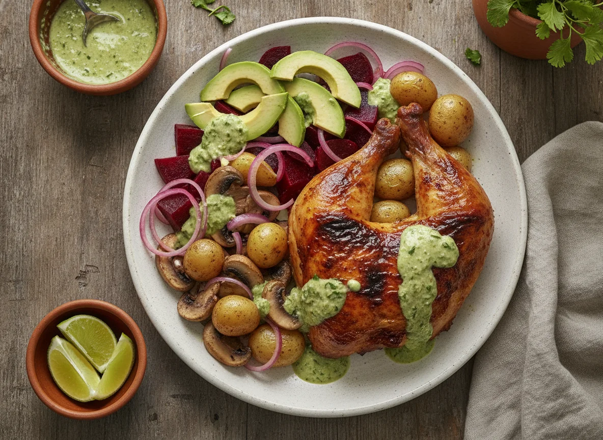 Pollo asado con ensalada de betabel, aguacate y cebolla photo