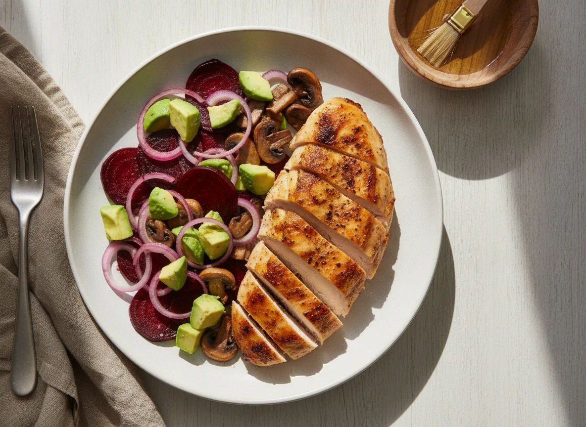 Pollo asado con ensalada de betabel y aguacate photo