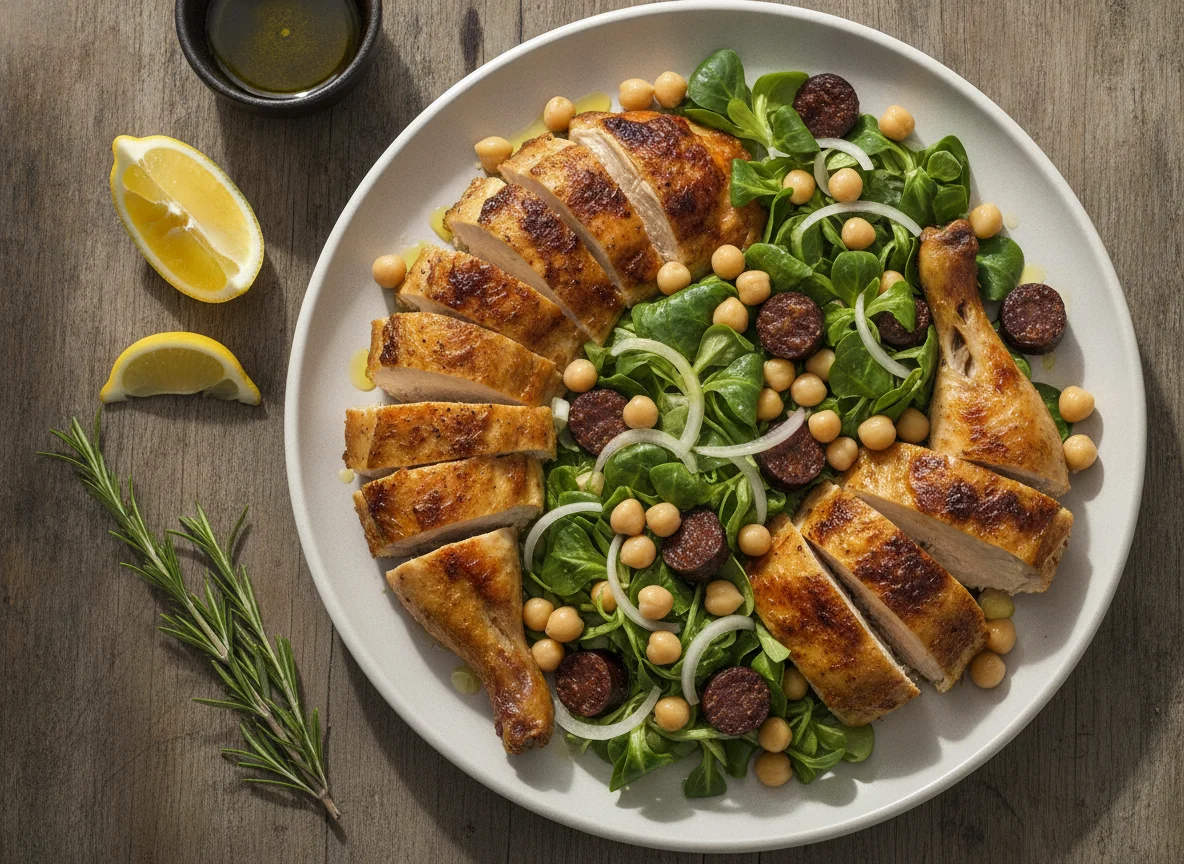 Pollo asado con ensalada de canónigos y garbanzos photo