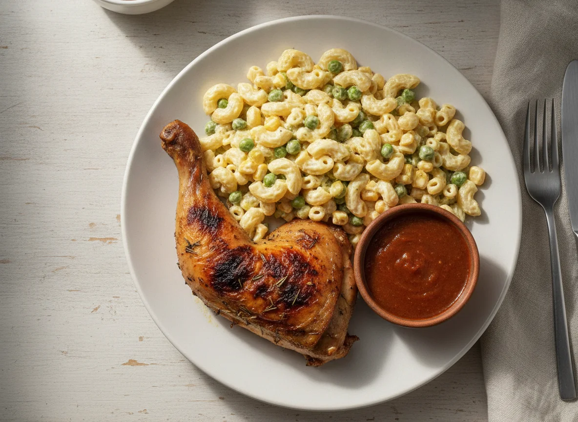 Pollo asado con ensalada de coditos y salsa photo