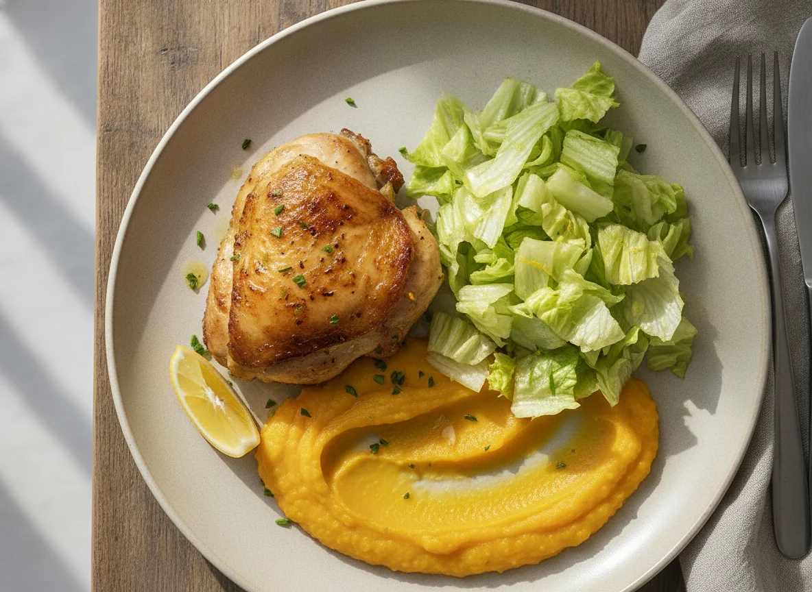 Pollo asado con ensalada de lechuga y puré de calabaza photo
