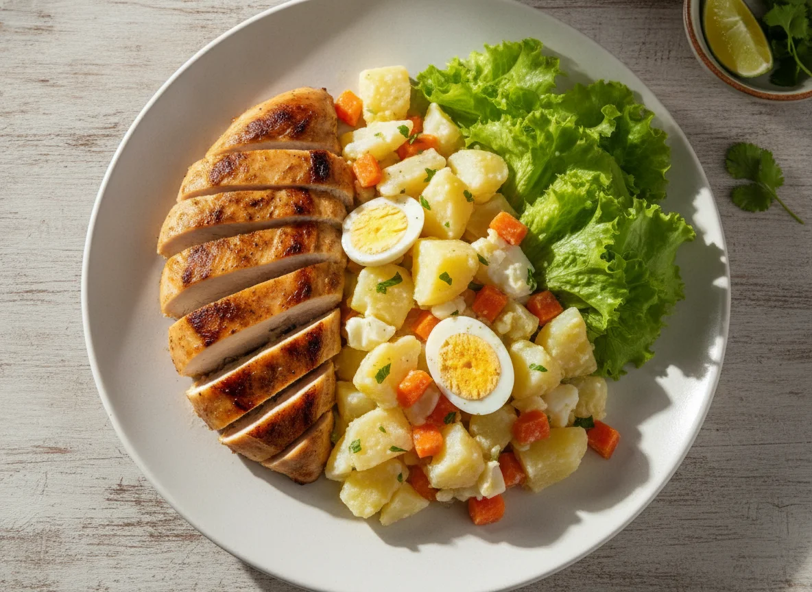Pollo asado con ensalada de papas y verduras photo