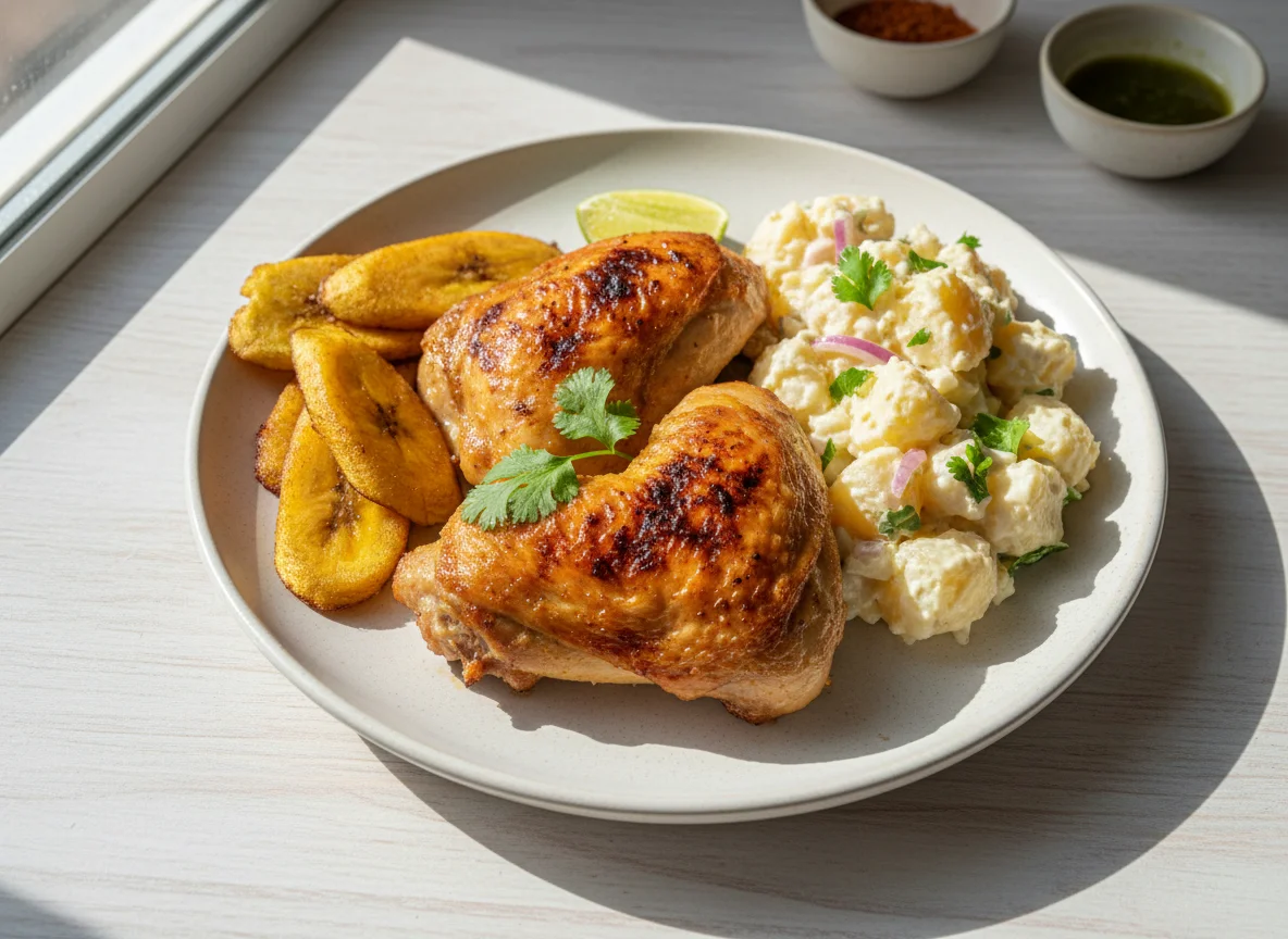 Pollo asado con ensalada de patata y plátano frito photo