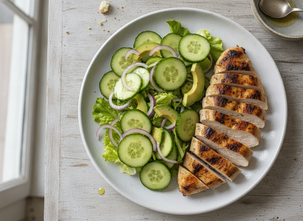 Pollo asado con ensalada de pepino y aguacate photo