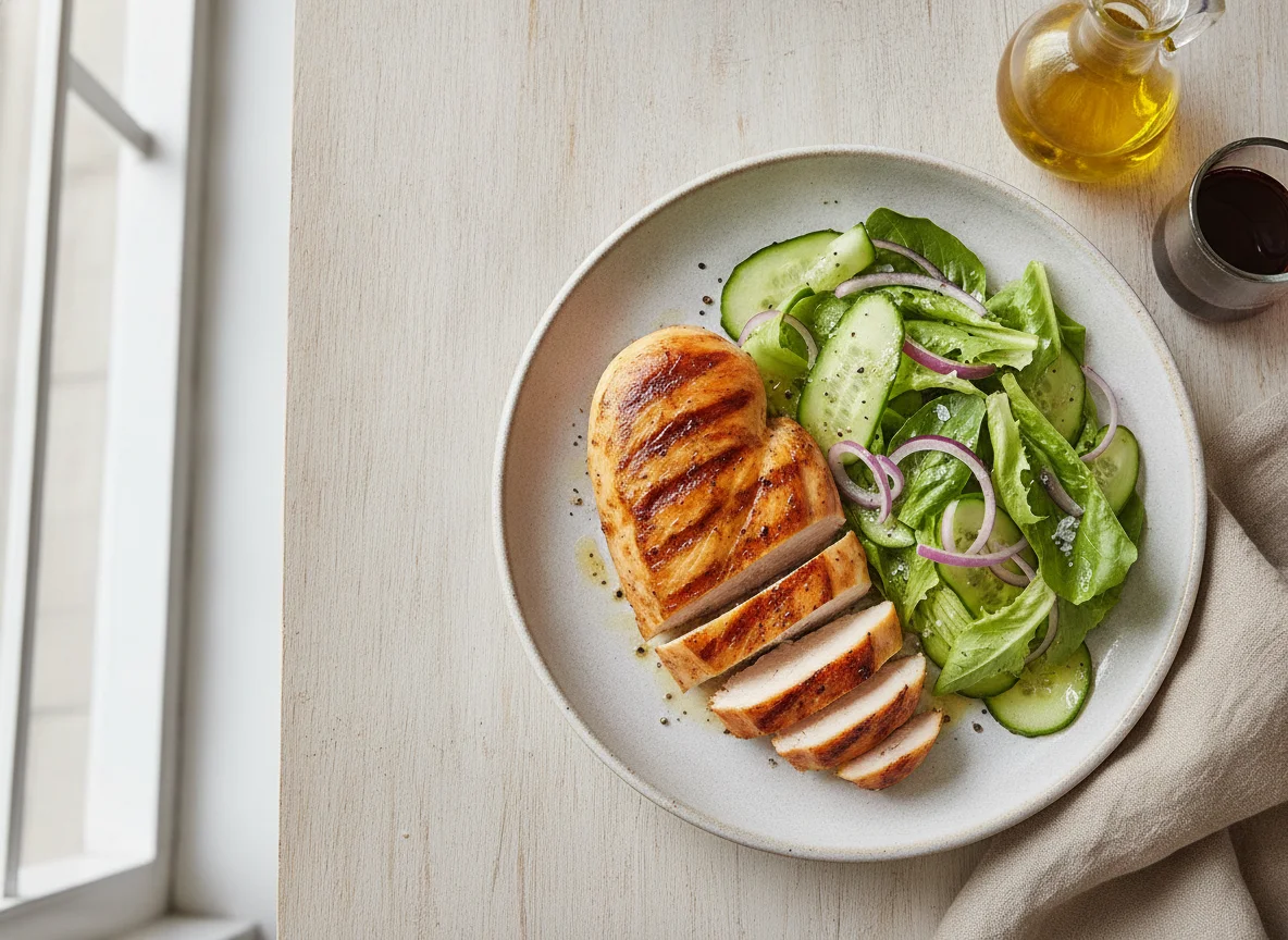 Pollo asado con ensalada de pepino y cebolla roja photo