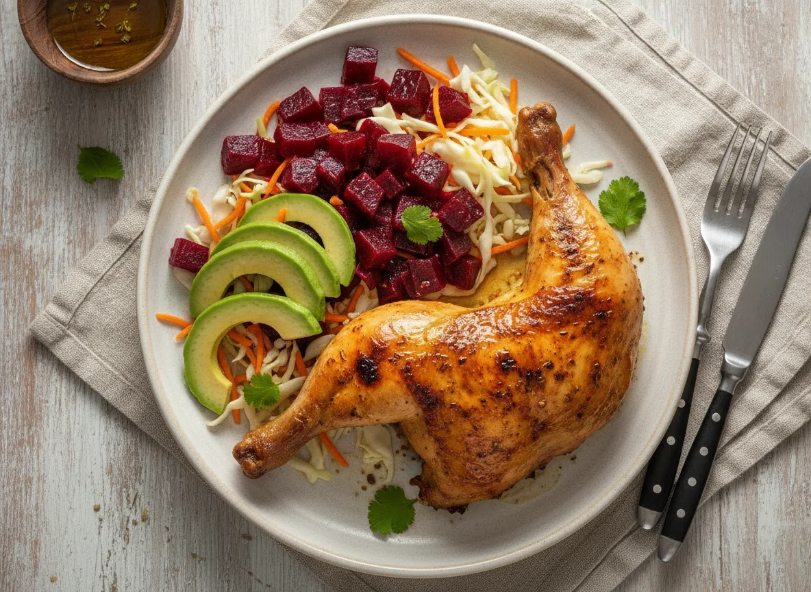 Pollo asado con ensalada de remolacha y aguacate photo