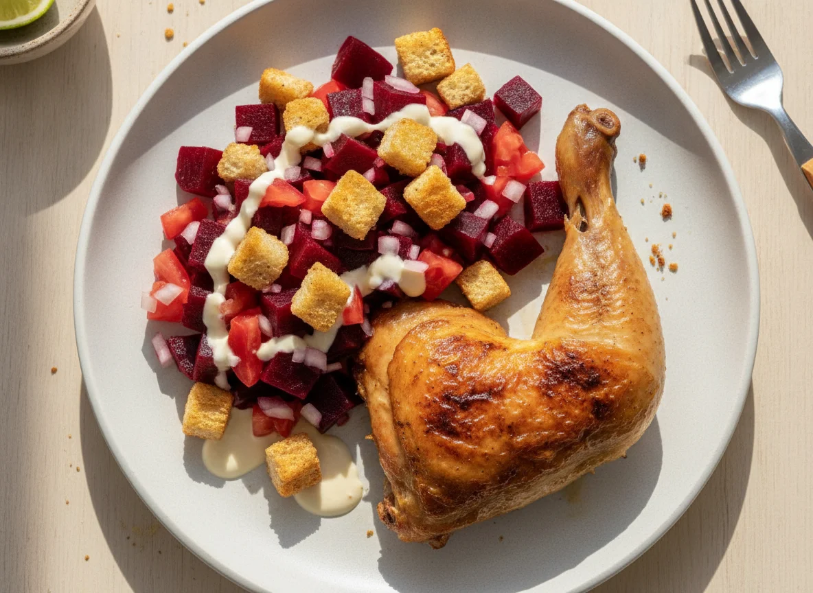 Pollo asado con ensalada de remolacha y crutones photo